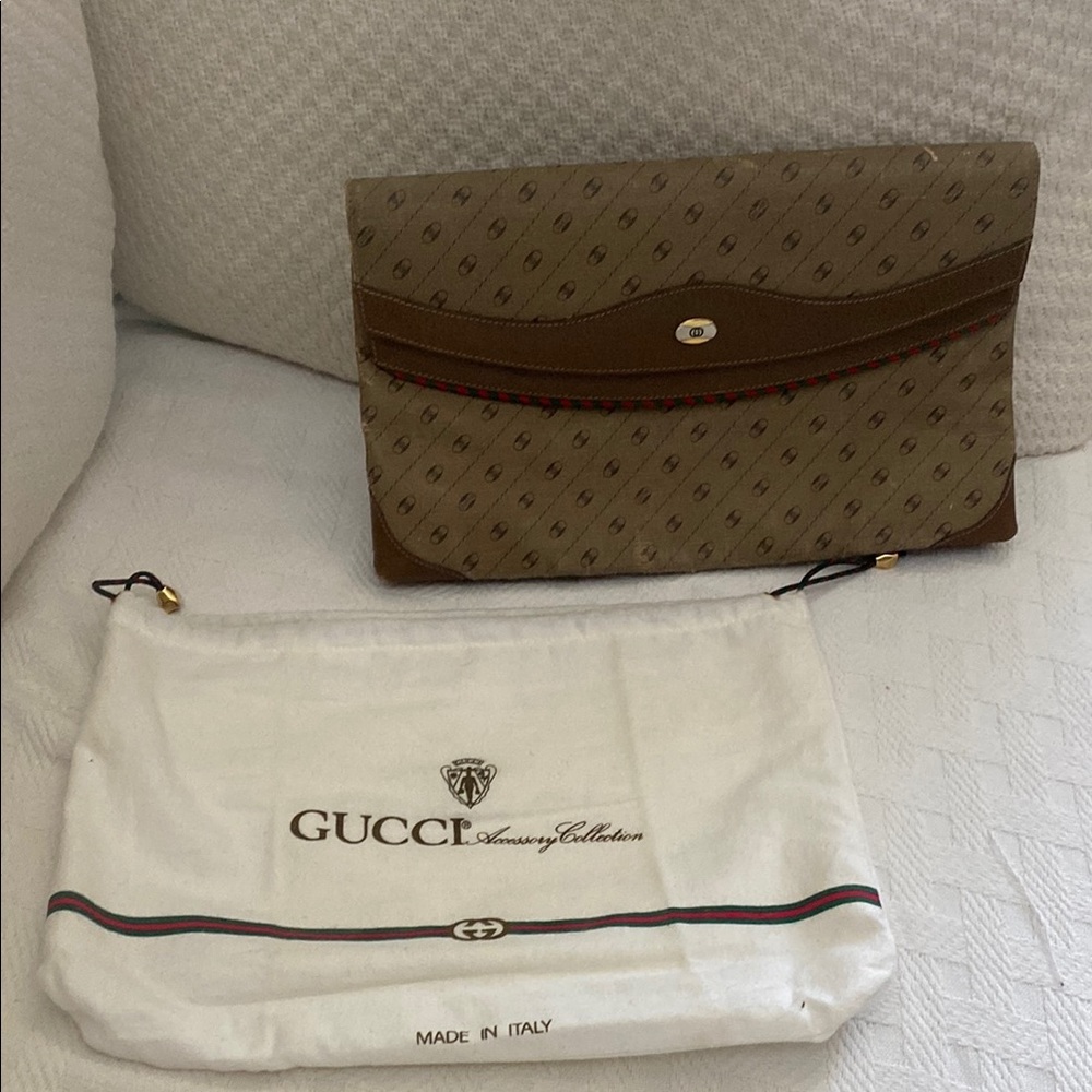Vintage Gucci Brown Clutch with Silver and Gold Hardware